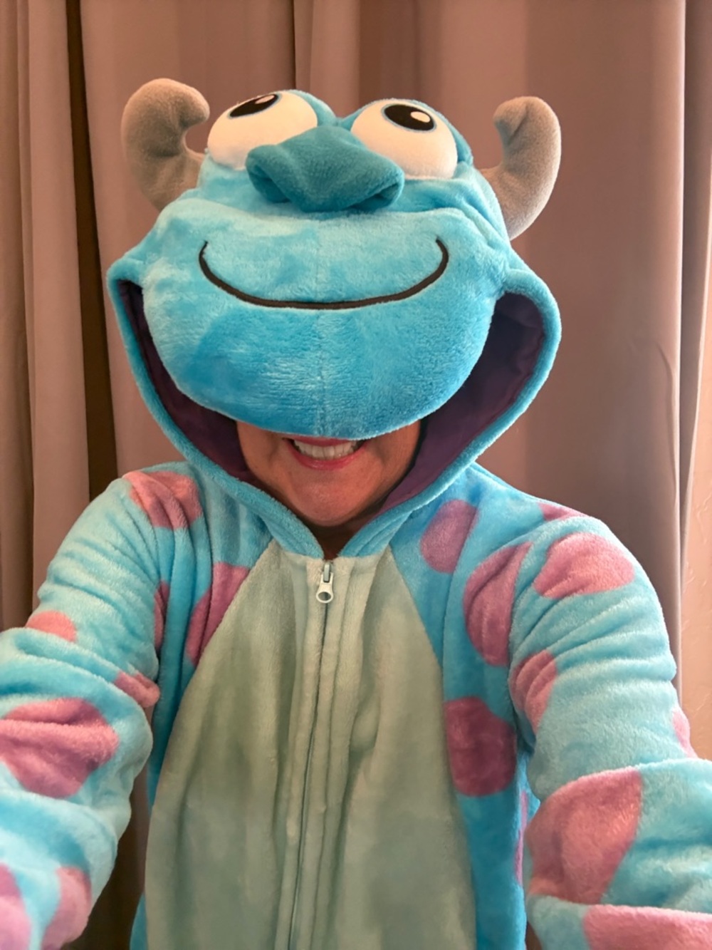 Adult Turquoise and Purple Plush Monster’s Inc. Hooded Onesie. Only worn once!